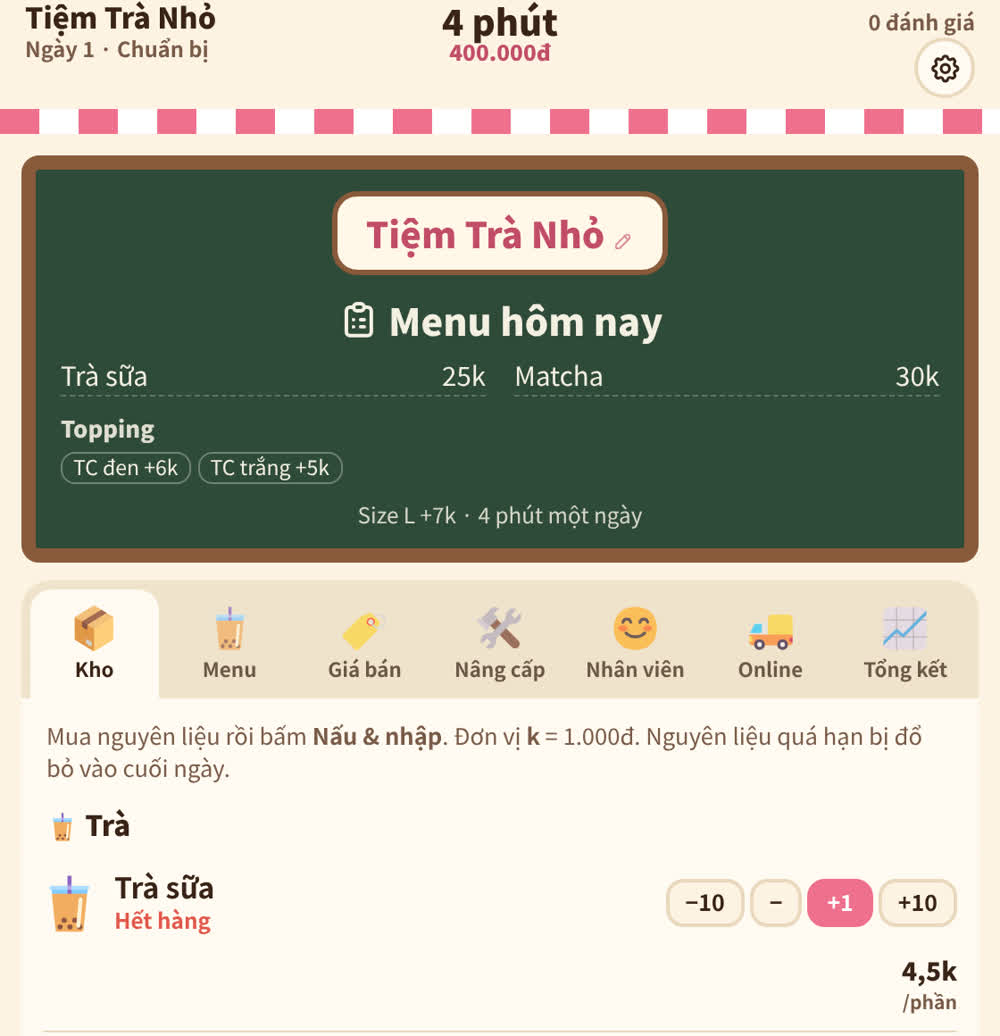Màn hình chuẩn bị trong Tiệm Trà Nhỏ: bảng menu hôm nay và danh sách nguyên liệu cần nấu trước khi mở cửa.